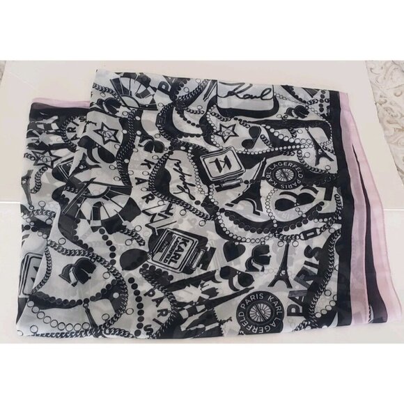 NWT KARL LAGERFELD PARIS ICON MONOGRAM PRINT BLACK GREY SCARF WRAP 35×72 - Picture 3 of 6